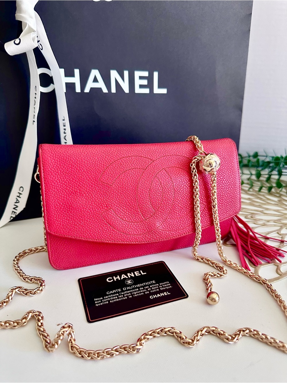 Chanel Red Caviar Flap Clutch with Chain
